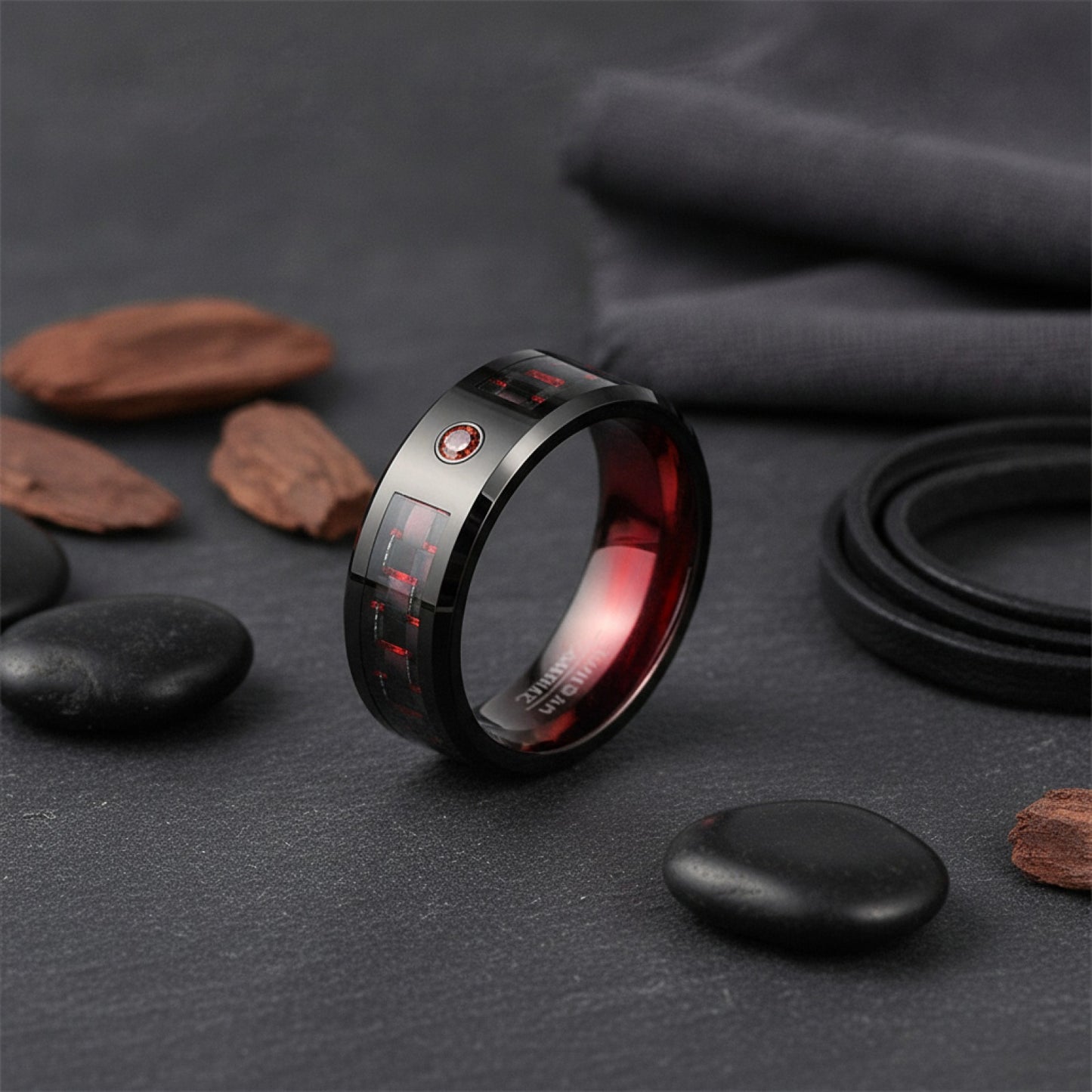 Bague de mariage homme 8mm en titane noir, zirconium rouge et fibre de carbone