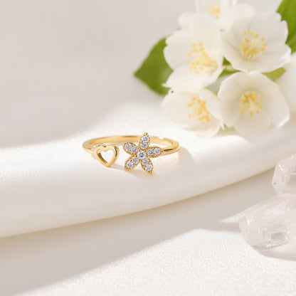 Bague Cœur & Fleur Plaqué Or 18K Acier Inoxydable - Bijou Femme Anti-ternissement