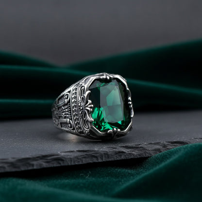 Bague Couronne Homme Acier Inoxydable Zircon Vert Géométrique - Bijou Luxe Anniversaire Mariage