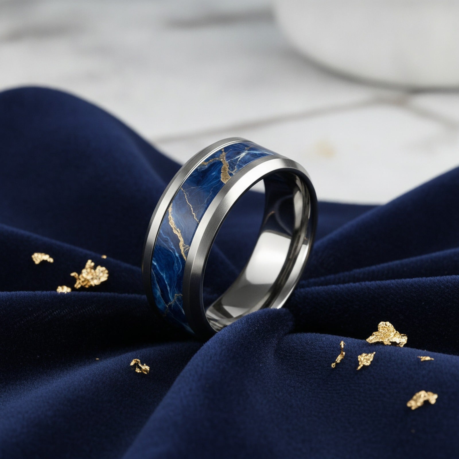 Bague Luxe Marbre Bleu Royal Doré Acier Inoxydable - Bijou Mariage & Cadeau Saint Valentin Femme Homme