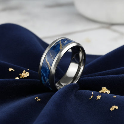 Bague Luxe Marbre Bleu Royal Doré Acier Inoxydable - Bijou Mariage & Cadeau Saint Valentin Femme Homme