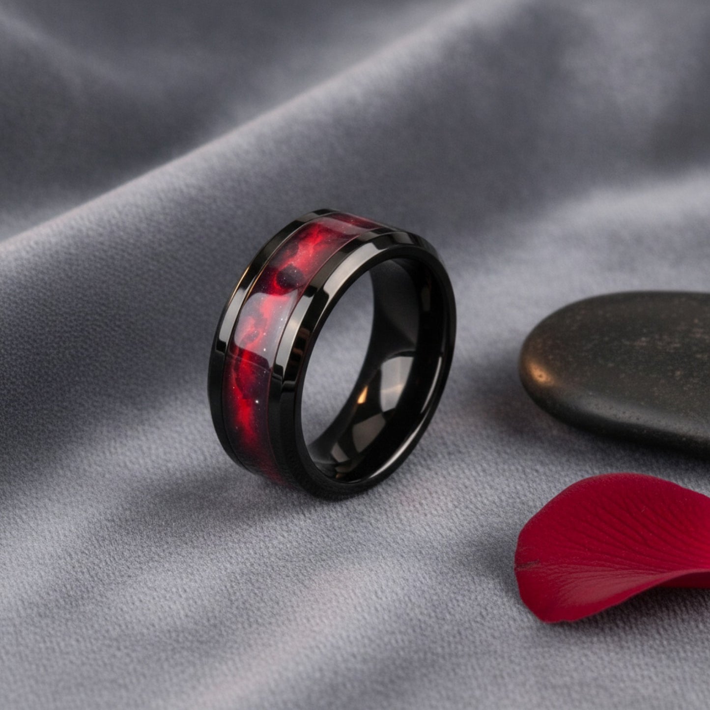 Bague de mariage unisexe en acier inoxydable noir, motif planète rouge