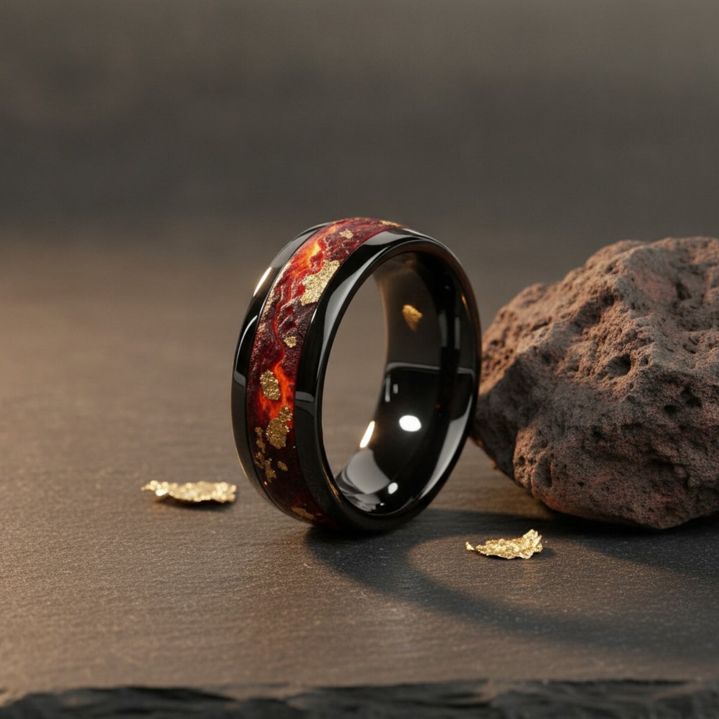Bague Homme Acier Inoxydable Noir Lave Volcanique Feuille d'Or - Bijou Mariage Tendance