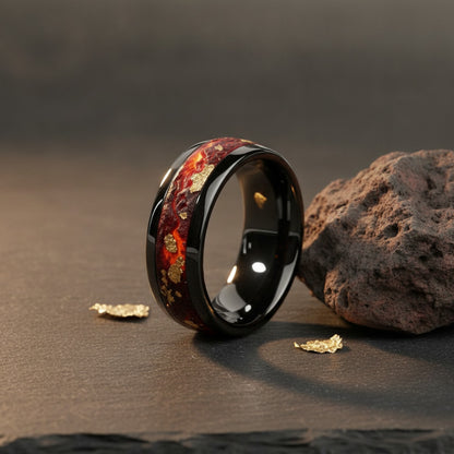 Bague Homme Acier Inoxydable Noir Lave Volcanique Feuille d'Or - Bijou Mariage Tendance