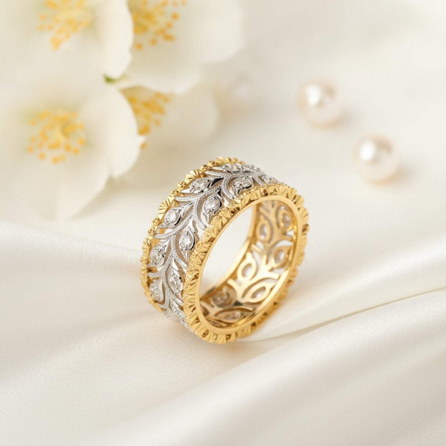Bague Feuille Ajoutée Bicolore Scintillante pour Femme - Bijou de Mariage et Fiançailles