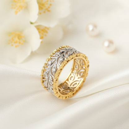 Bague Feuille Ajoutée Bicolore Scintillante pour Femme - Bijou de Mariage et Fiançailles