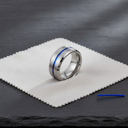 Bague Homme Acier Inoxydable Argent Brossé avec Rainure Bleue 8mm - Bijou Mariage