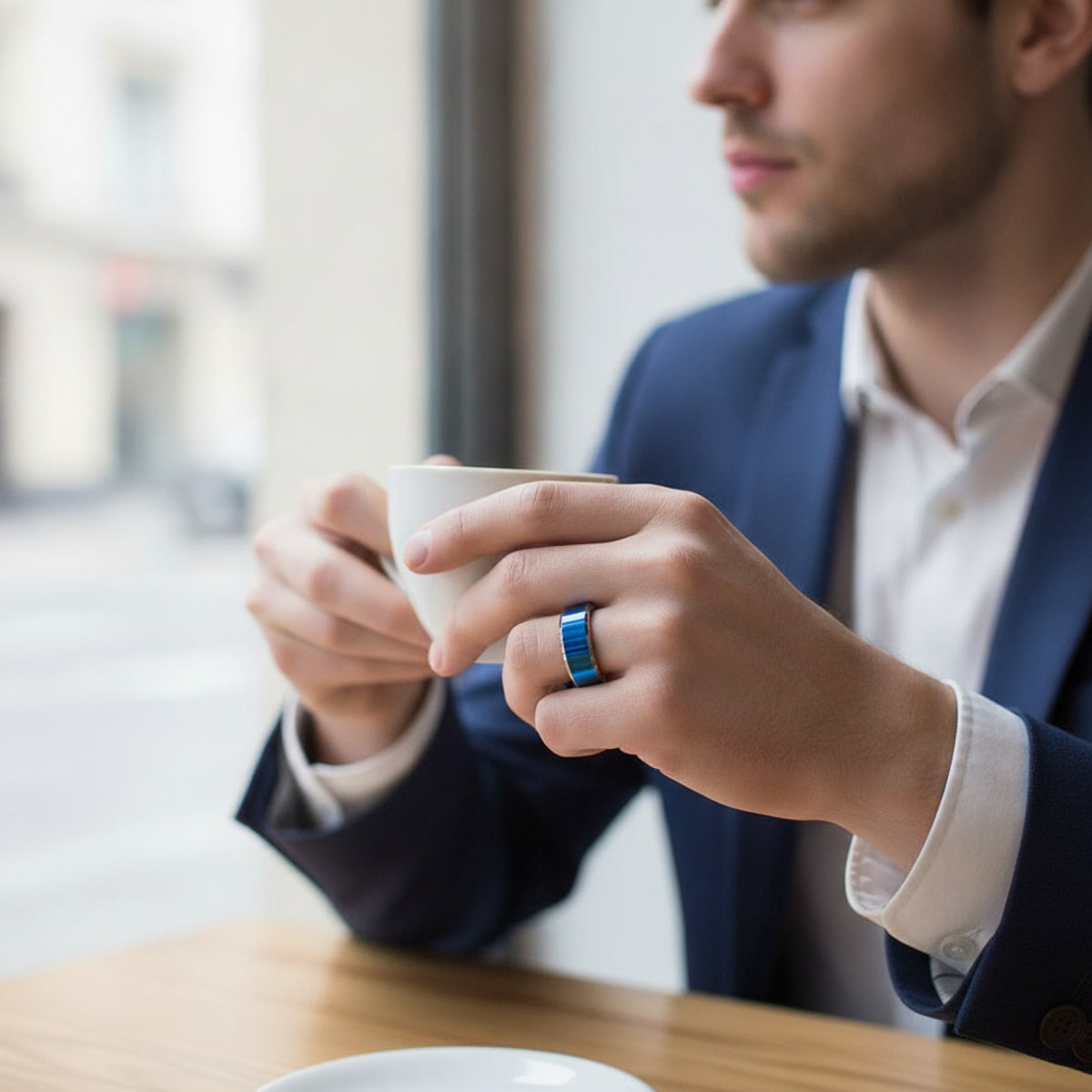 Bague de mariage homme acier inoxydable 8mm bleu brossé - Cadeau fiançailles couple