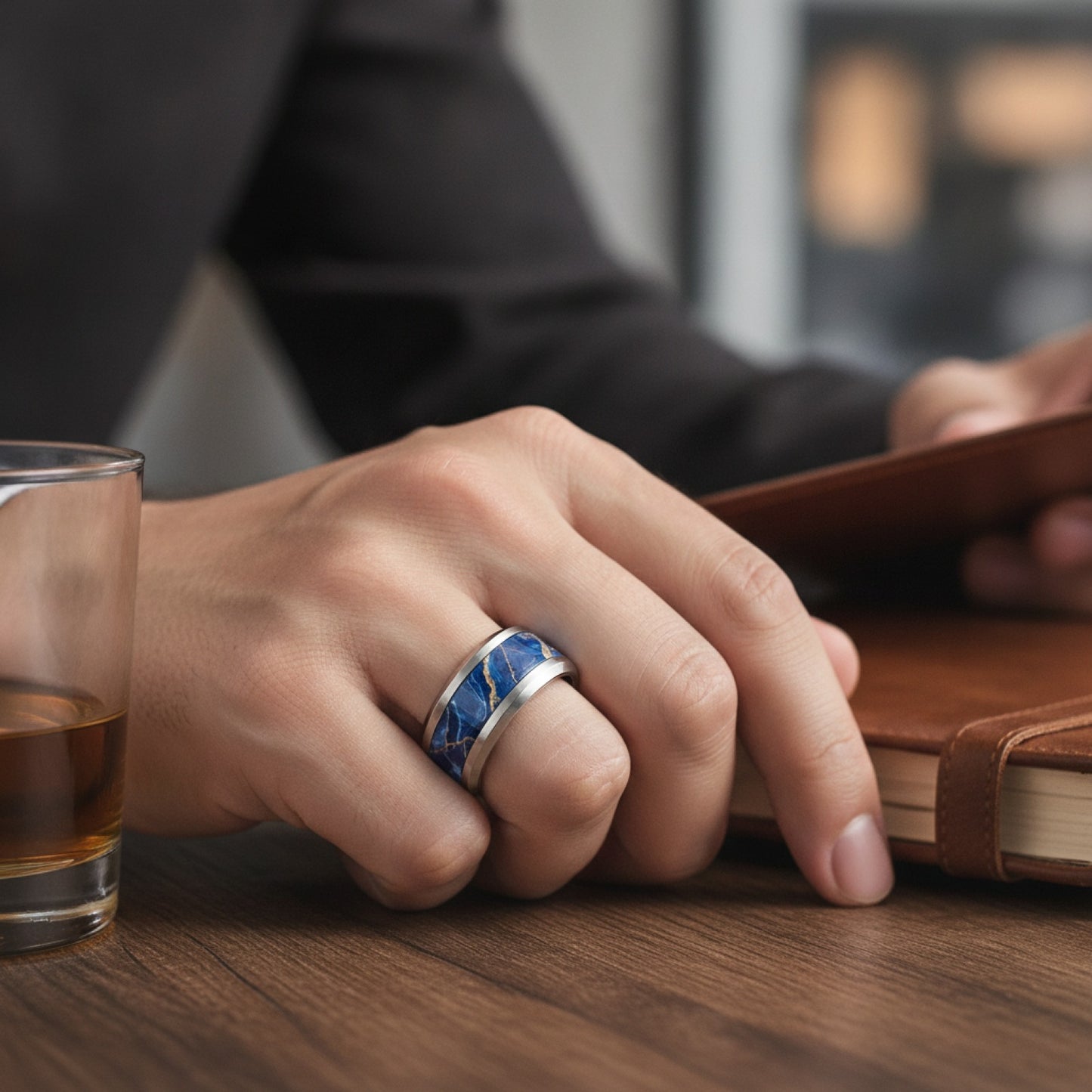 Bague Luxe Marbre Bleu Royal Doré Acier Inoxydable - Bijou Mariage & Cadeau Saint Valentin Femme Homme