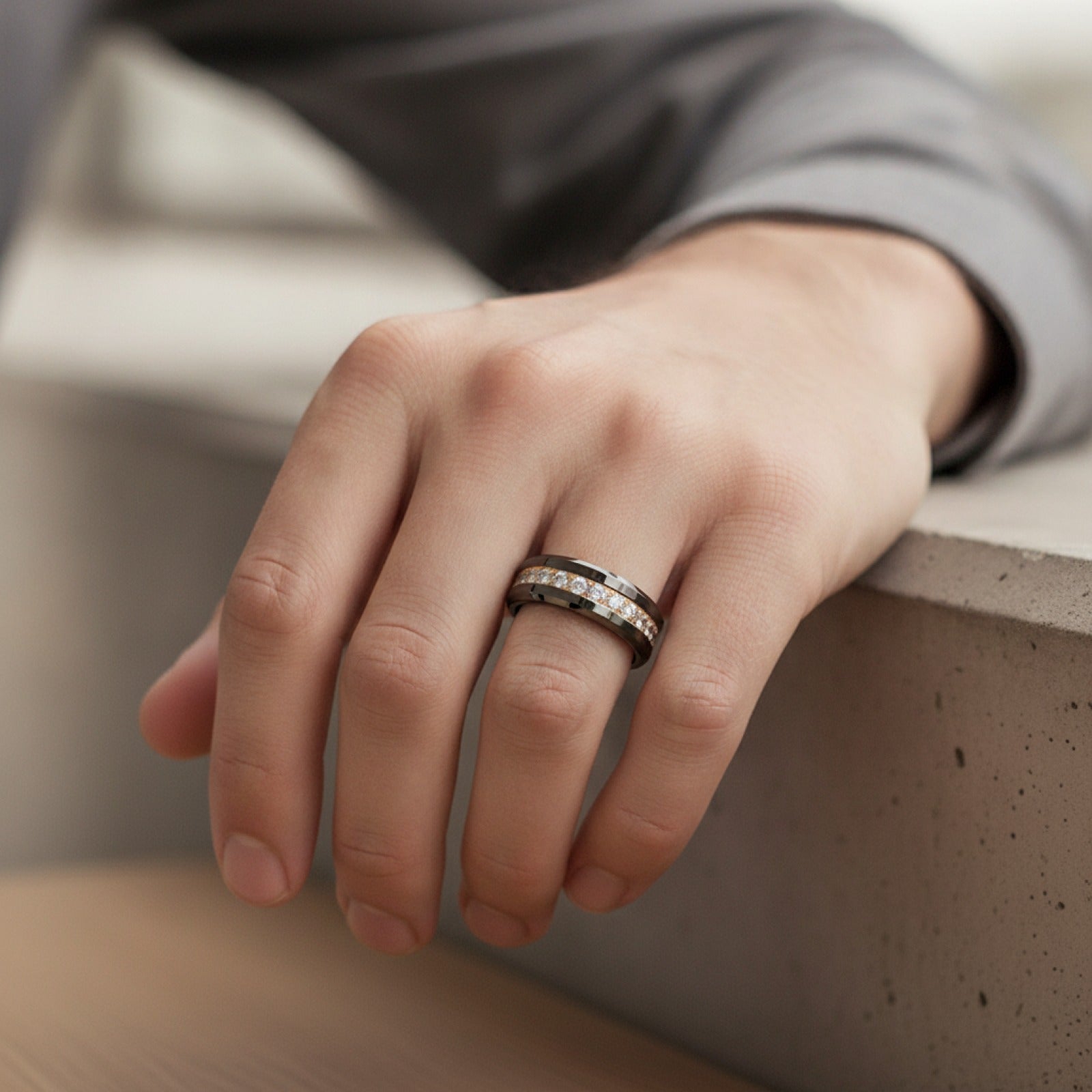 Bague TUSSTEN en Tungstène Noir 8mm pour Homme et Femme, Alliance Éternité avec Pierre CZ et Bords Biseautés