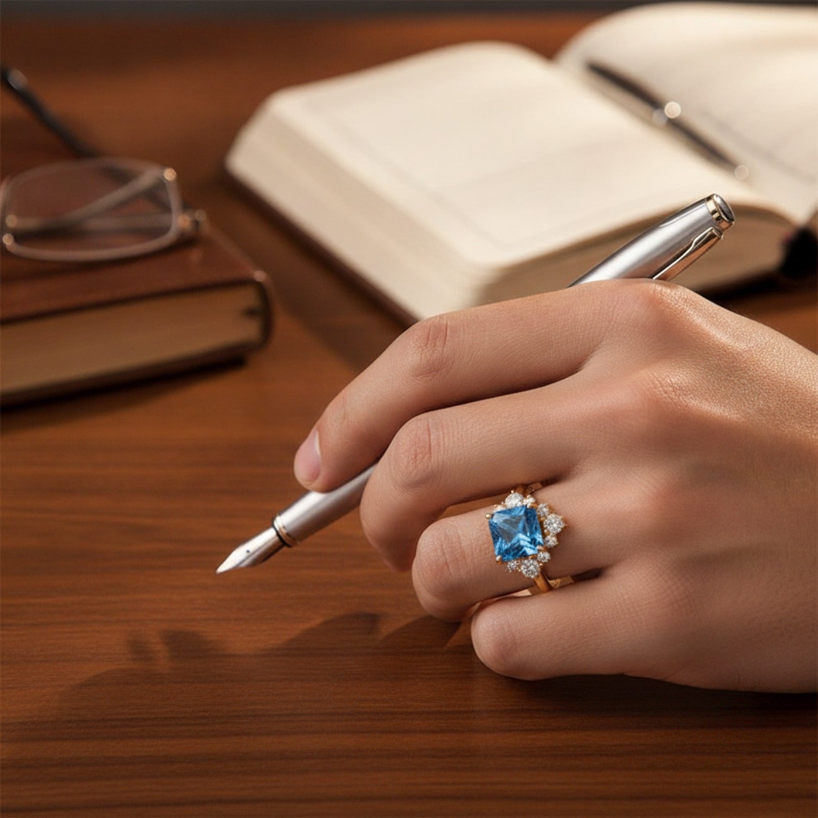 Bague Carrée Bleue Scintillante Huitan pour Femme - Zircone Cubique, Bijou Élégant pour Mariage et Quotidien