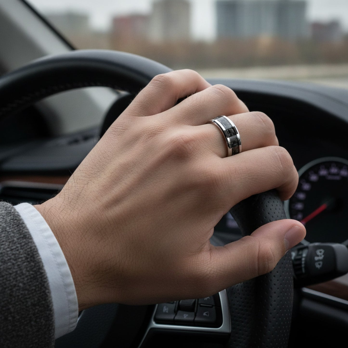 Bague Homme Acier Inoxydable Argent & Fibre de Carbone Noire - Bijou Mariage & Cadeau Mode