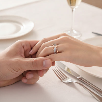 Bague Double Cœur Or Rose & Argenté - Bijou Femme Fiancailles Mariage