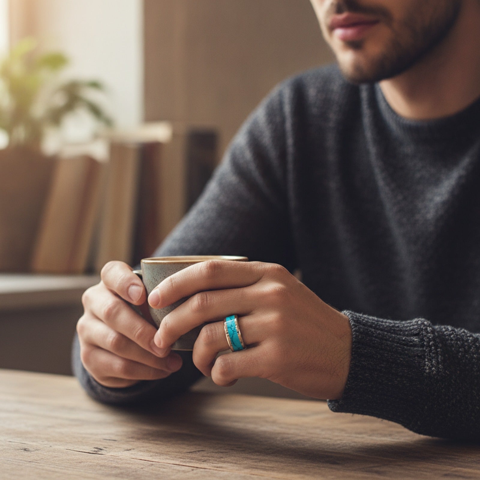 Bague Alliance en Carbure de Tungstène 8mm avec Turquoise Bleue Naturelle - Unisexe
