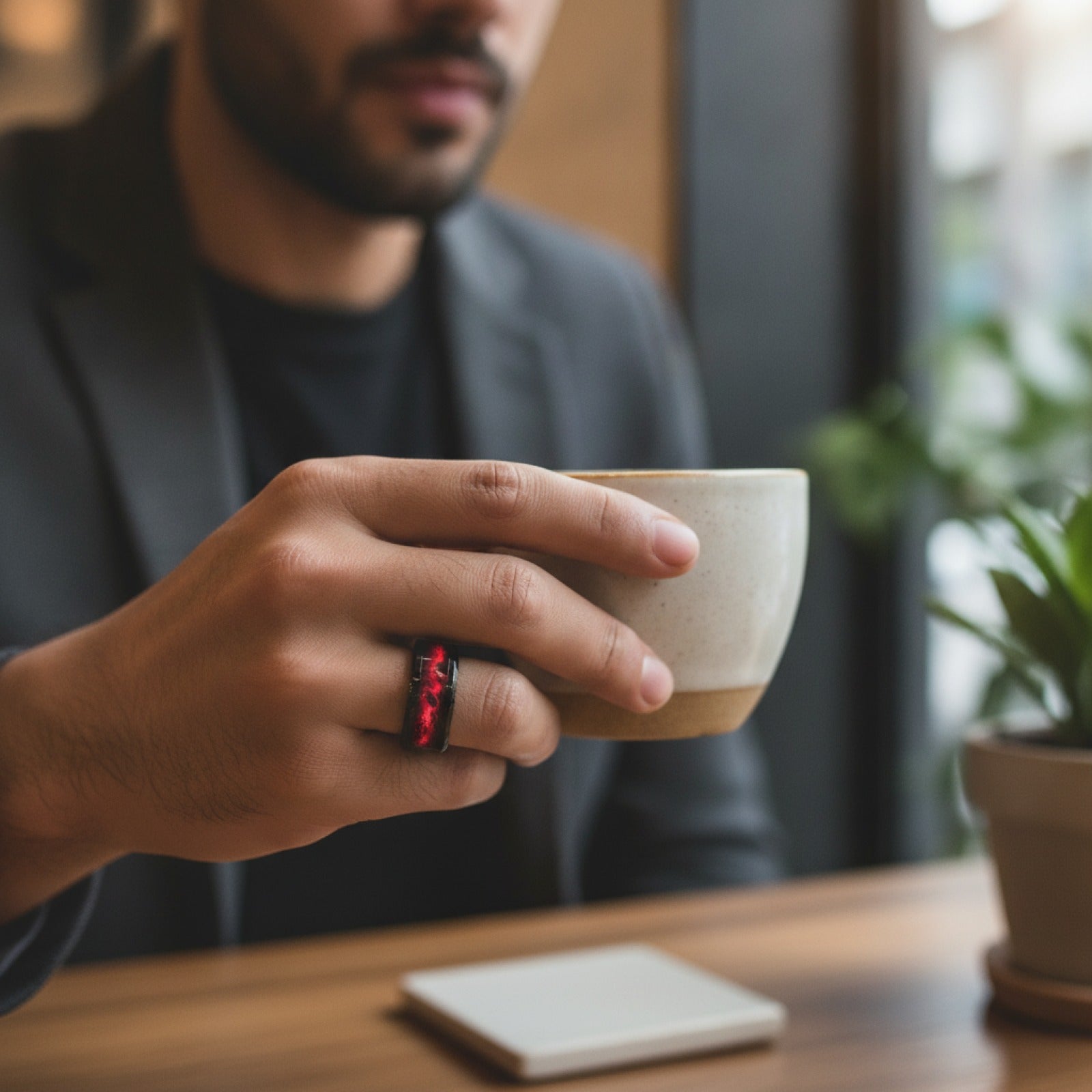 Bague de mariage unisexe en acier inoxydable noir, motif planète rouge