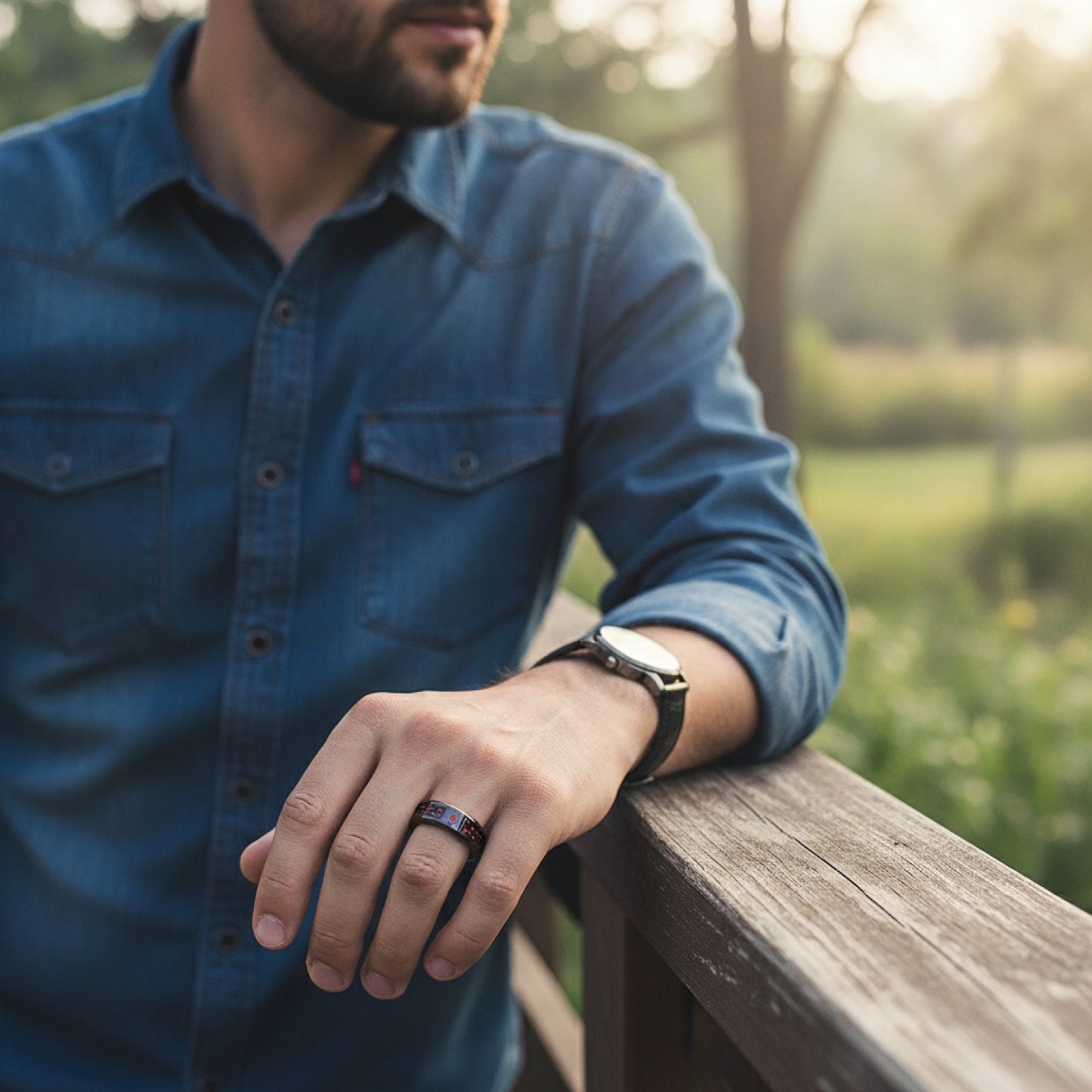 Bague de mariage homme 8mm en titane noir, zirconium rouge et fibre de carbone