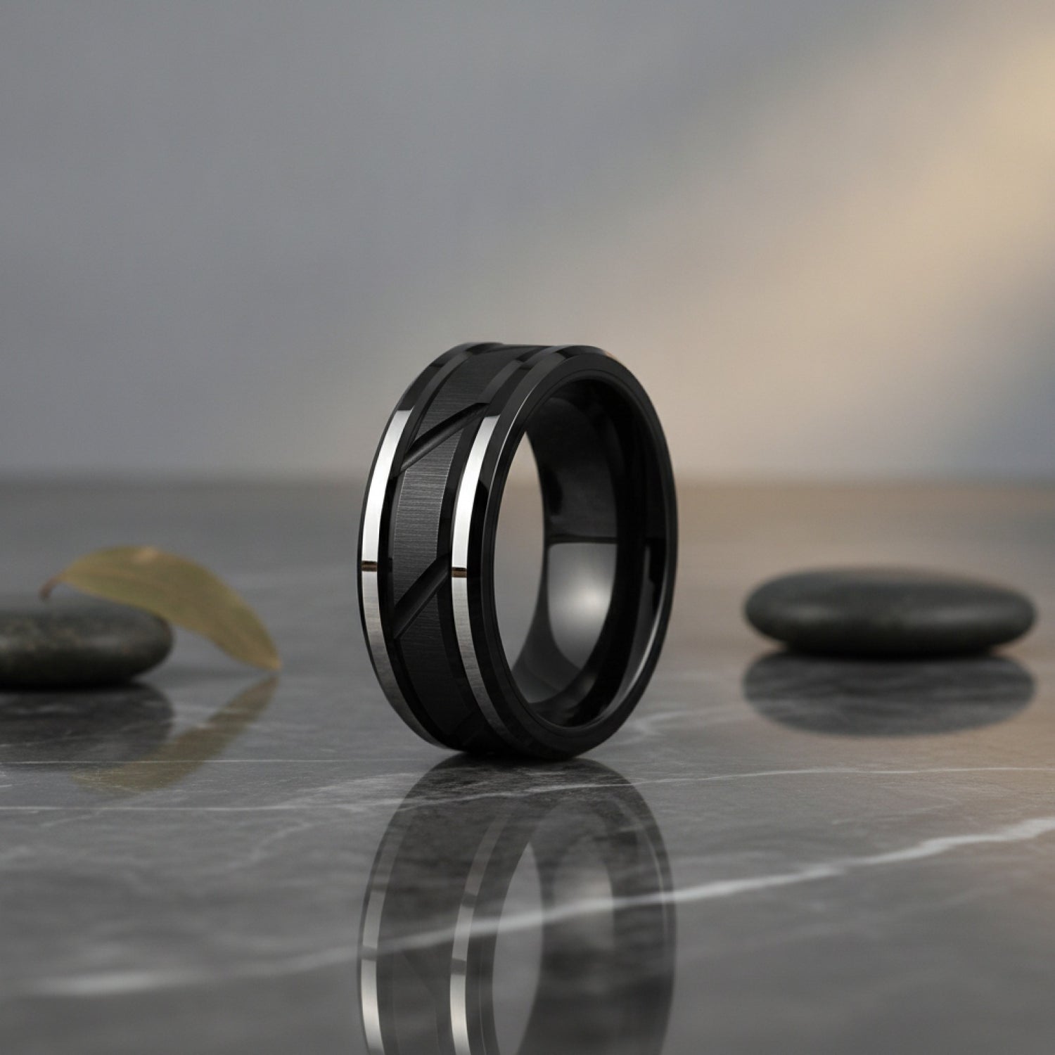 Bague Titane Noir Motif Brique pour Homme et Femme - Anneau Acier Inoxydable Bords Biseautés