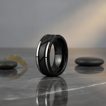 Bague Titane Noir Motif Brique pour Homme et Femme - Anneau Acier Inoxydable Bords Biseautés
