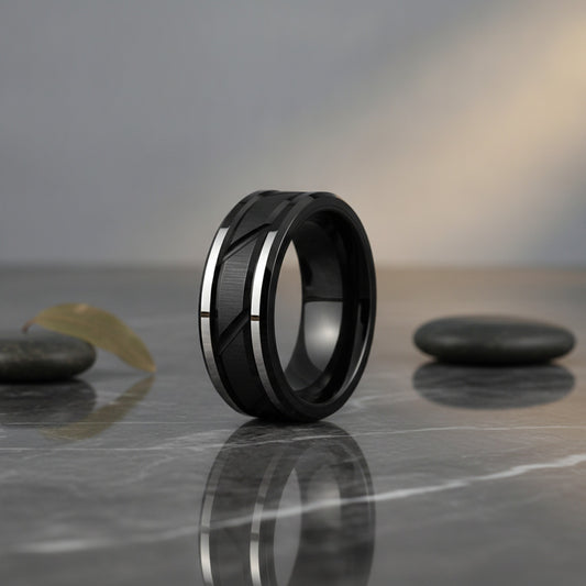 Bague Titane Noir Motif Brique pour Homme et Femme - Anneau Acier Inoxydable Bords Biseautés