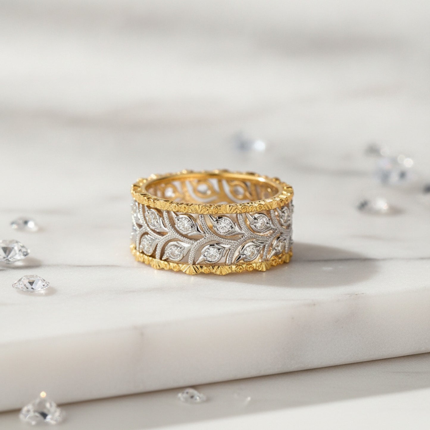 Bague Feuille Ajoutée Bicolore Scintillante pour Femme - Bijou de Mariage et Fiançailles