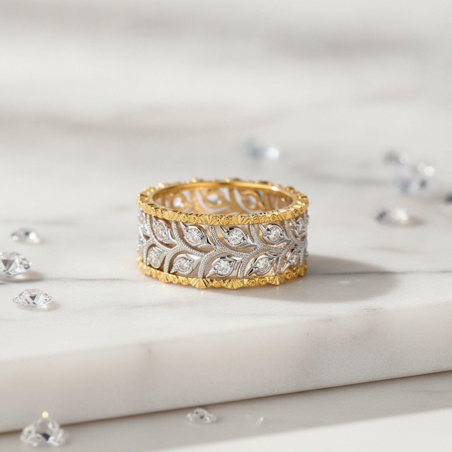Bague Feuille Ajoutée Bicolore Scintillante pour Femme - Bijou de Mariage et Fiançailles