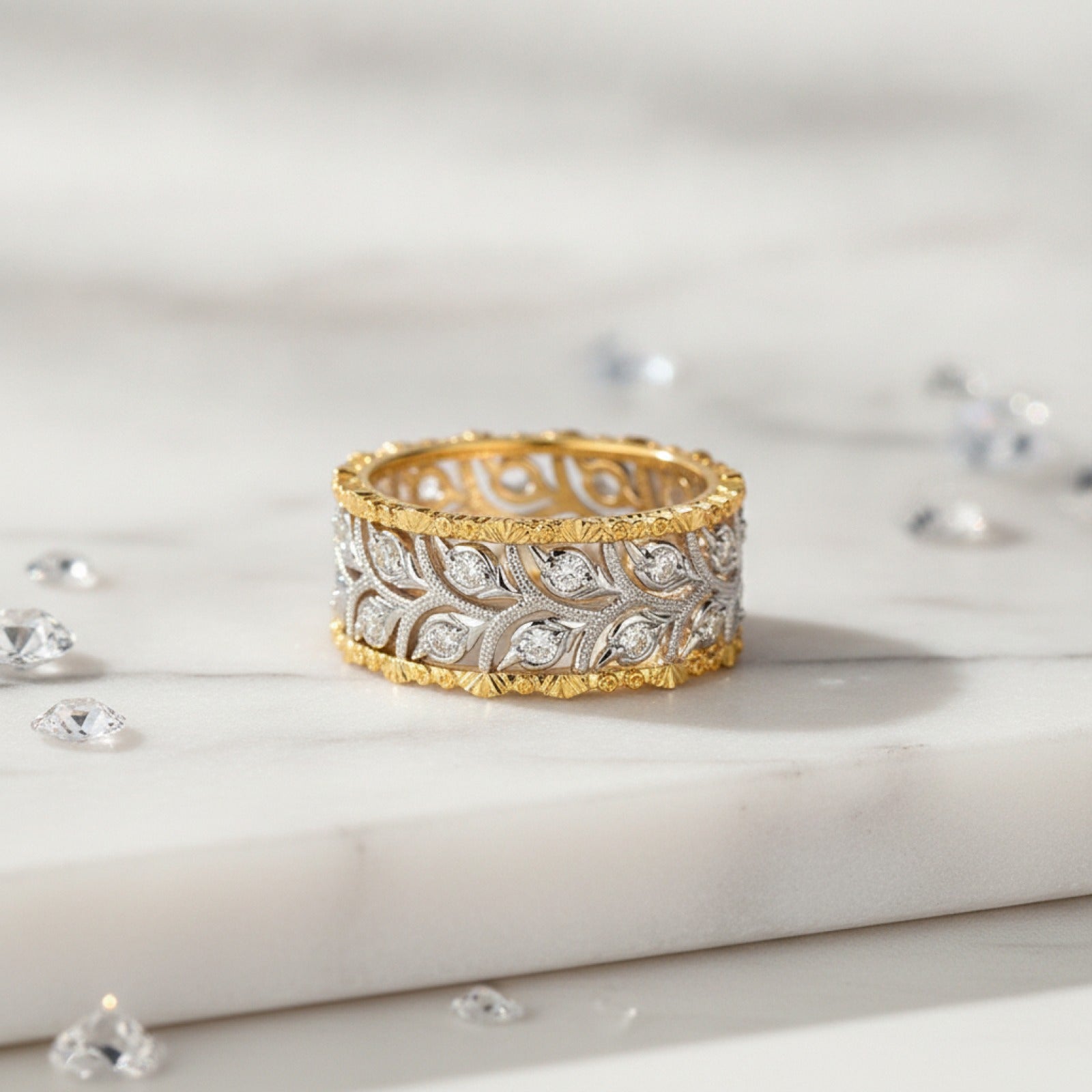 Bague Feuille Ajoutée Bicolore Scintillante pour Femme - Bijou de Mariage et Fiançailles