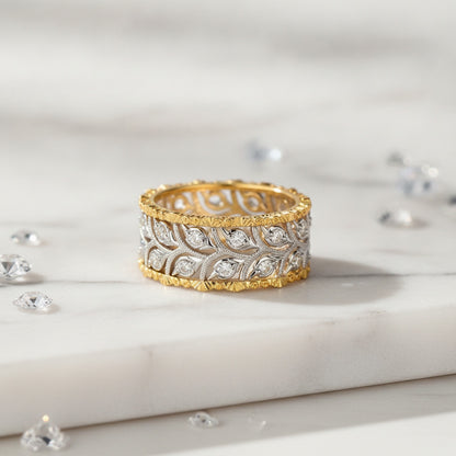 Bague Feuille Ajoutée Bicolore Scintillante pour Femme - Bijou de Mariage et Fiançailles