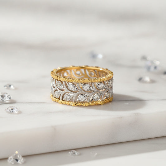 Bague Feuille Ajoutée Bicolore Scintillante pour Femme - Bijou de Mariage et Fiançailles