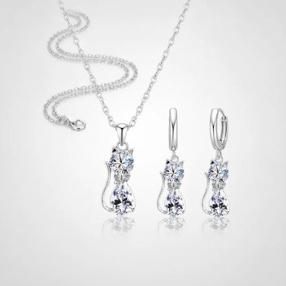 Ensemble Collier & Boucles d'Oreilles Chat Argent 925 & Cristaux