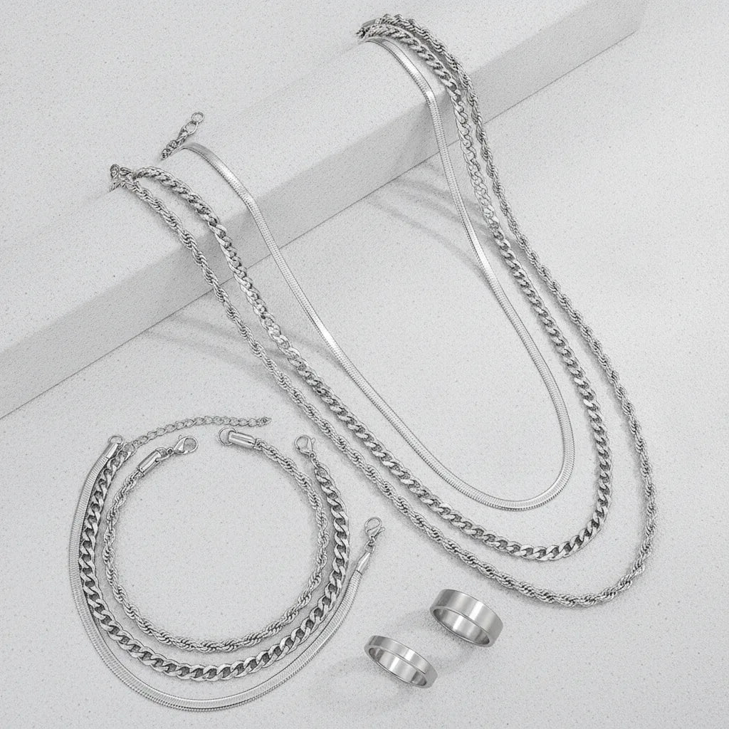 Ensemble Bijoux Unisexe Punk Vintage Argenté
