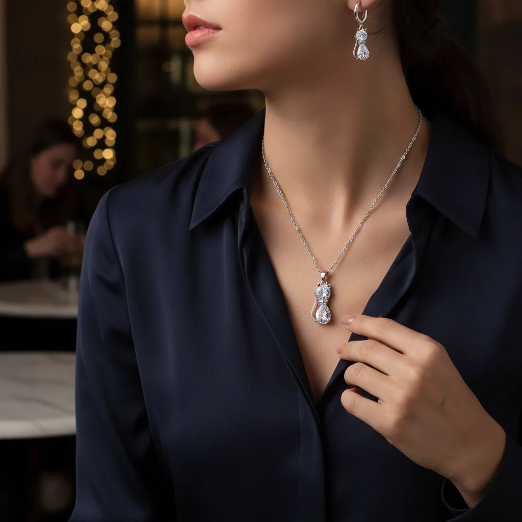 Ensemble Collier & Boucles d'Oreilles Chat Argent 925 & Cristaux