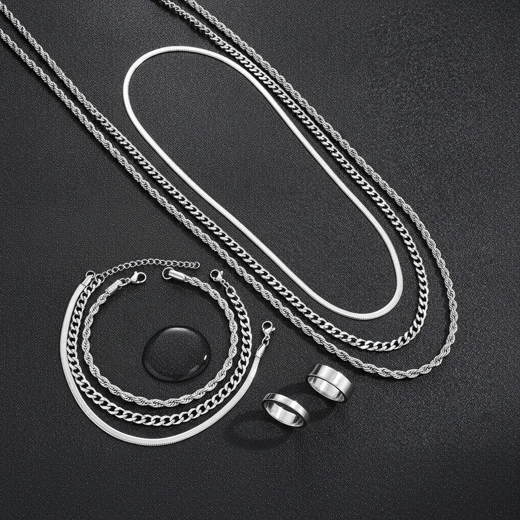 Ensemble Bijoux Unisexe Punk Vintage Argenté
