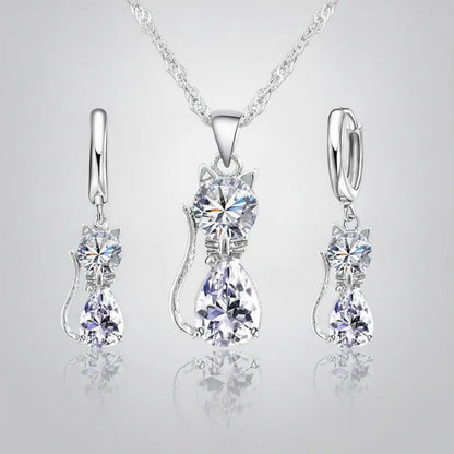 Ensemble Collier & Boucles d'Oreilles Chat Argent 925 & Cristaux