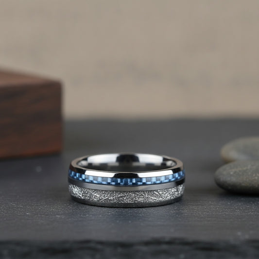 Bague Homme Fibre de Carbone & Météorites Vintage Bleu - Argenté, 8mm