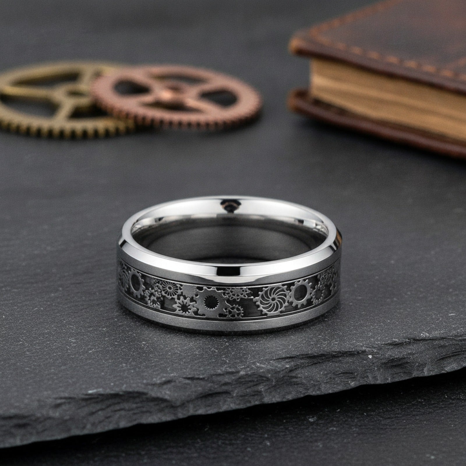 Bague Steampunk Vintage Acier Inoxydable Celtique Dragon Fibre Carbone Homme