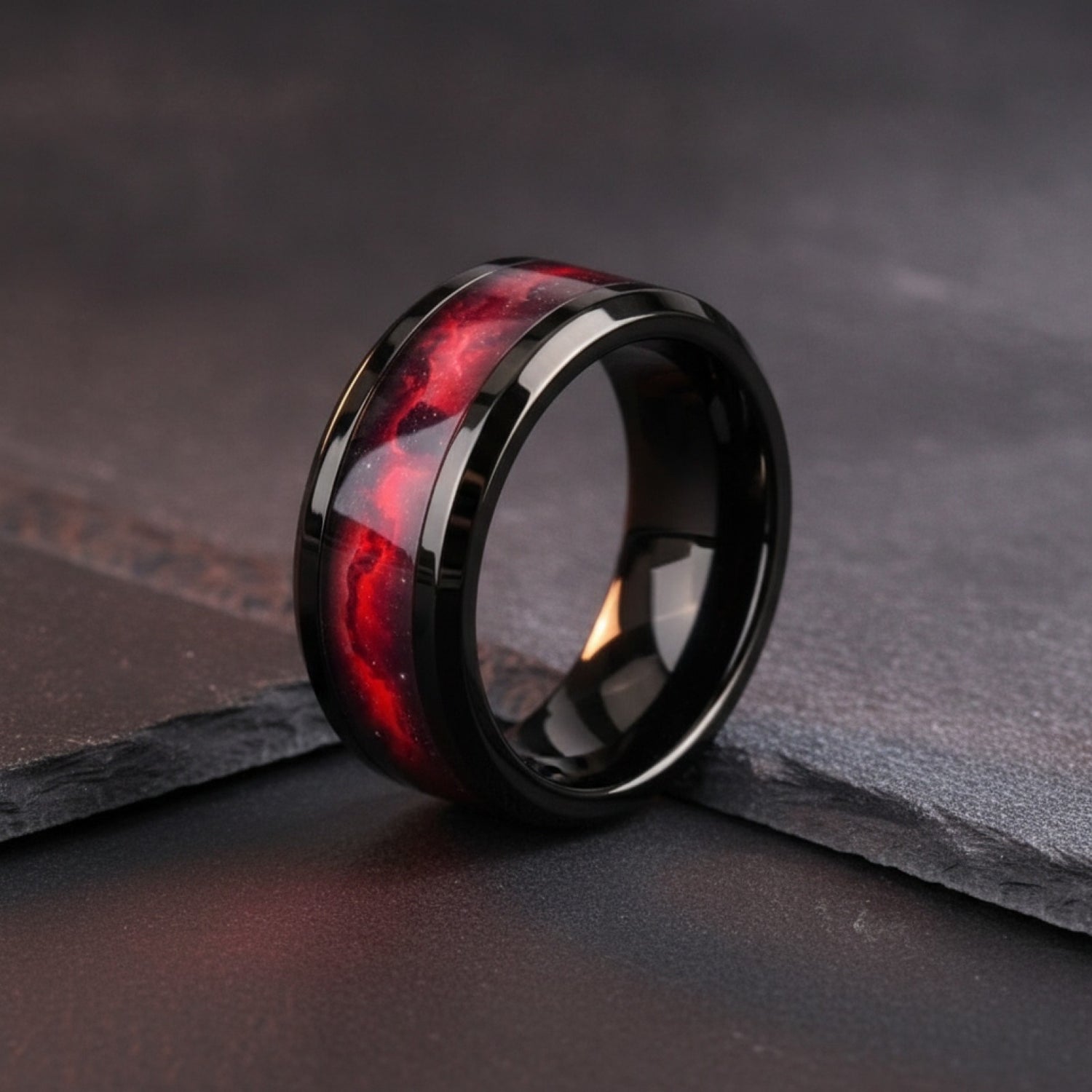 Bague de mariage unisexe en acier inoxydable noir, motif planète rouge