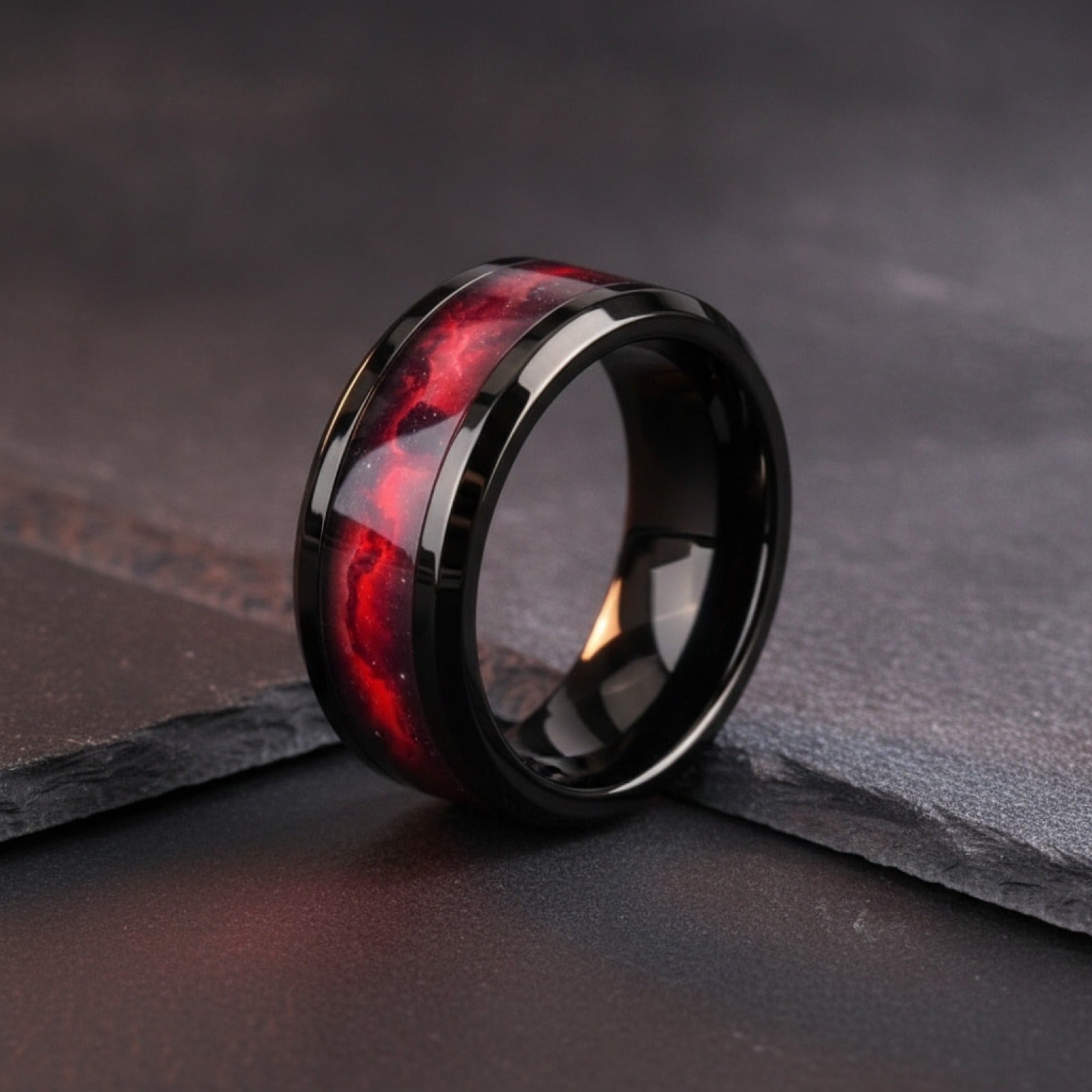 Bague de mariage unisexe en acier inoxydable noir, motif planète rouge