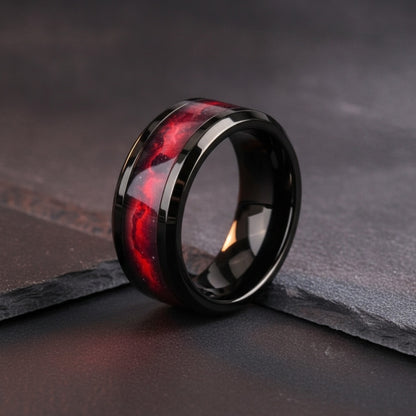Bague de mariage unisexe en acier inoxydable noir, motif planète rouge