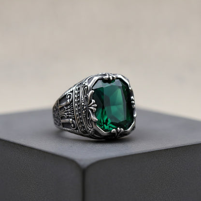 Bague Couronne Homme Acier Inoxydable Zircon Vert Géométrique - Bijou Luxe Anniversaire Mariage