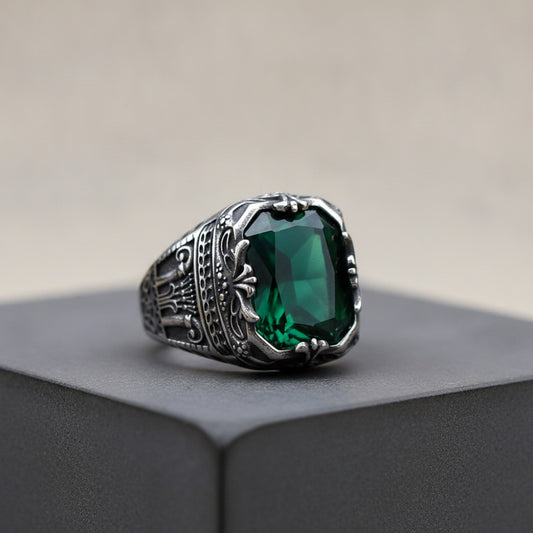 Bague Couronne Homme Acier Inoxydable Zircon Vert Géométrique - Bijou Luxe Anniversaire Mariage