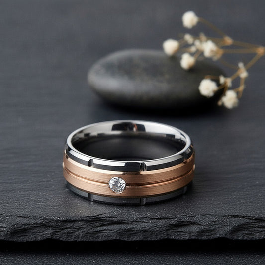 Bague de mariage vintage ZORCVENS pour homme en acier inoxydable, zircon cubique 8mm, couleur or rose